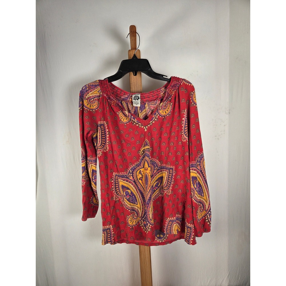 Lucky Brand Womens Red Paisley Cotton Peasant Blouse Long Sleeve Boho Top Medium